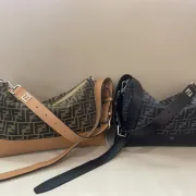Fendi Brown And Beige FF Logo Jacquard Fabric Shoulder Bag With Leather Trims size:34×22 #A54307 Fendi Brown And Beige FF Logo Jacquard Fabric Shoulder Bag With Leather Trims size:34×22 #A54307