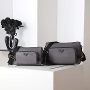 PRADA Men's Dark Gray Re-Nylon Crossbody Messenger Bag with Detachable Pouch – Iconic Triangle Logo Adjustable Strap #A58757