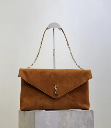SAINT LAURENT Cassandra Large Envelope Shoulder Bag – Tan Suede with Gold YSL Logo (Detachable Chain Strap) #A58782 SAINT LAURENT Cassandra Large Envelope Shoulder Bag – Tan Suede with Gold YSL Logo (Detachable Chain Strap) #A58782