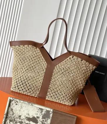 Saint Laurent 817602 Raffia Tote Bag Brown Leather Trim Woven Straw Shopper 38cm #B67267