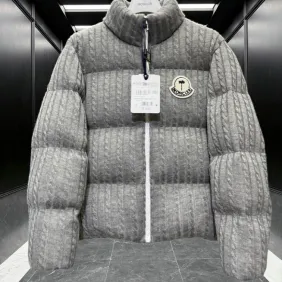 Moncler Cable‑knit Stand‑collar Down Jacket, Grey / Navy Blue/Black #B68304 Moncler Cable‑knit Stand‑collar Down Jacket, Grey / Navy Blue/Black #B68304