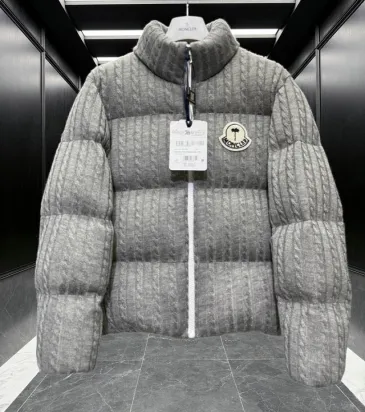 Moncler Cable‑knit Stand‑collar Down Jacket, Grey / Navy Blue/Black #B68304 Moncler Cable‑knit Stand‑collar Down Jacket, Grey / Navy Blue/Black #B68304