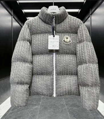 Moncler Cable‑knit Stand‑collar Down Jacket, Grey / Navy Blue/Black #B68304