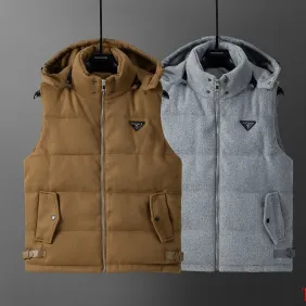 Prada Hooded Wool‑Blend Puffer Vest Men Sleeveless Gilet Outerwear, Camel Brown, Light Gray #B67986 Prada Hooded Wool‑Blend Puffer Vest Men Sleeveless Gilet Outerwear, Camel Brown, Light Gray #B67986