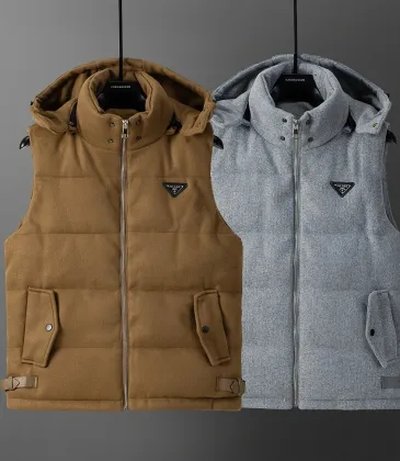Prada Hooded Wool‑Blend Puffer Vest Men Sleeveless Gilet Outerwear, Camel Brown, Light Gray #B67986