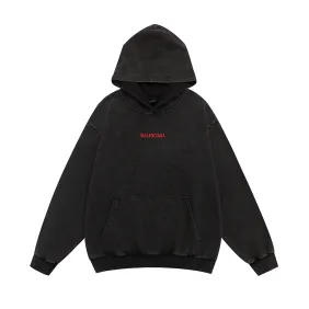 Balenciaga Red Embroidered Washed Distressed Pullover Hoodie Sweatshirt, Black #B67632