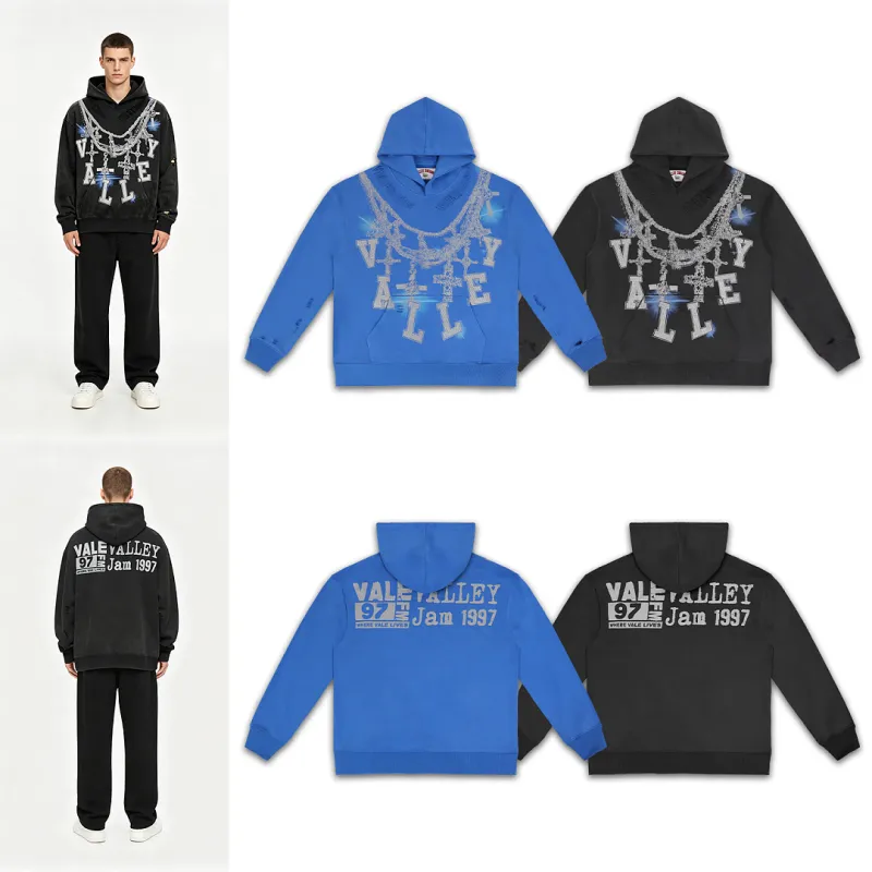 Vale Forever Big Chain Rhinestone Cross Hoodie Vintage Washed Streetwear Oversized Hoodie #A67211