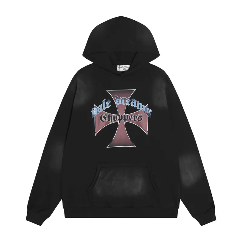 Vale Forever Chopper Cross Print Vintage Washed Hoodie, Black #B68258