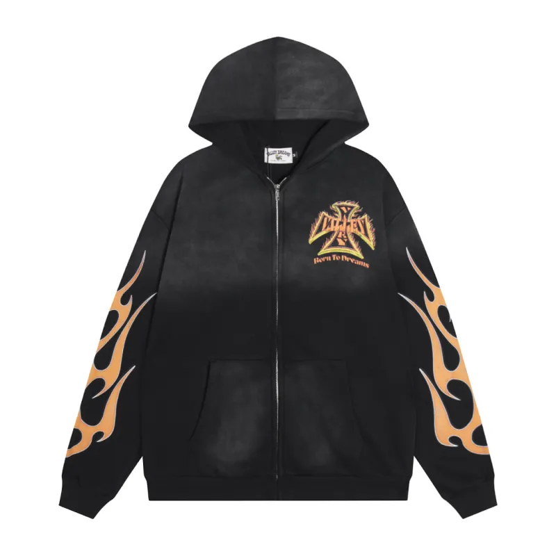 Vale Forever Flame Cross Vintage Washed Zip‑Up Hoodie, Black White #B68259