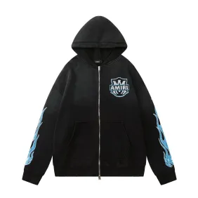 Amiri Hollywood Eagle Blue Flame Sleeve Zip‑Up Hoodie Jacket, Black #B67647
