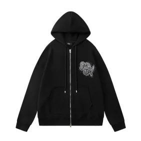 Amiri Rhinestone Script Logo Zip‑Up Hoodie Jacket, Black #B67643