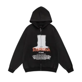 Balenciaga Print Zip‑Up Hoodie Jacket Men Loose Casual Hooded Sweatshirt Black #B67627