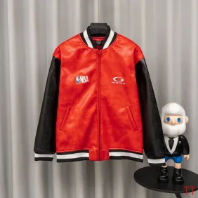 Balenciaga Red Faux Leather NBA 10 Heavy Embroidery Varsity Jacket #B68987