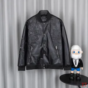 Chrome Hearts Black Faux Leather Heavy Embroidery Varsity Jacket #B68985