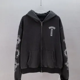 Chrome Hearts Full Zip Hooded Jacket With Cross Print On Sleeves, Vintage Black #B69219