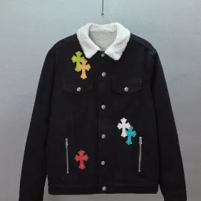 Chrome Hearts Multicolor Cross Patch Sherpa Collar Denim Jacket Black #B67653