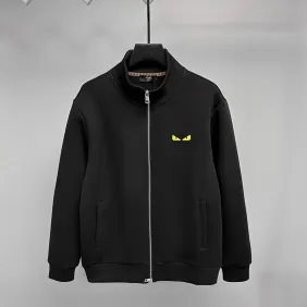 Fendi Full Zip Stand Collar Sweat Jacket With Yellow Eyes Logo, Black #B69216