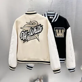 Off-White Black Wool White Sleeve Crocodile Embroidery Varsity Jacket #B68990