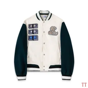 Off-White Cream Dark Green Sleeve Heavy Embroidery Varsity Jacket #B68988