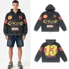 Godspeed Distressed 13 Graphic Zip‑Up Hoodie Streetwear Jacket Black #B67651
