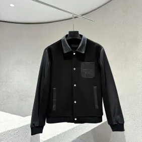 Prada Dark Style Varsity Baseball Jacket, Black Leather &amp; Wool Blend #B68851