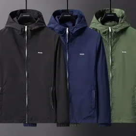 Prada Hooded Zip‑Up Windbreaker Jacket Men Casual Outerwear, Black, Navy Blue, Army Green #B67987 Prada Hooded Zip‑Up Windbreaker Jacket Men Casual Outerwear, Black, Navy Blue, Army Green #B67987