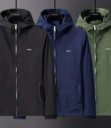 Prada Hooded Zip‑Up Windbreaker Jacket Men Casual Outerwear, Black, Navy Blue, Army Green #B67987