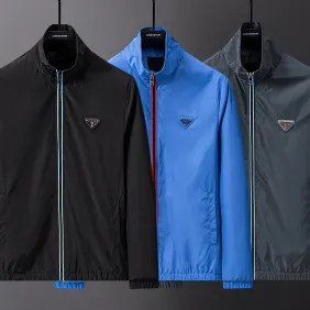 Prada Stand‑Collar Zip‑Up Jacket Men Casual Windproof Outerwear, Black, Bright Blue, Dark Gray #B67988 Prada Stand‑Collar Zip‑Up Jacket Men Casual Windproof Outerwear, Black, Bright Blue, Dark Gray #B67988