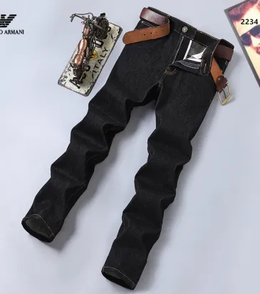 Armani Style Men's Black Denim Jeans, Eagle Logo Straight‑Leg Stretch Business Casual Long Pants #B67411