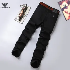 Armani Style Men's Black Slim Stretch Denim Jeans, Embroidered Eagle Logo Business Casual Long Pants #B67407