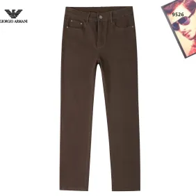 Armani Style Men's Brown Denim Jeans, Embroidered Eagle Logo Straight‑Leg Stretch Business Casual Pants #B67406