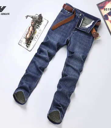 Armani Style Men's Dark Blue Denim Jeans, Eagle Logo Straight‑Leg Stretch Business Casual Pants #B67410
