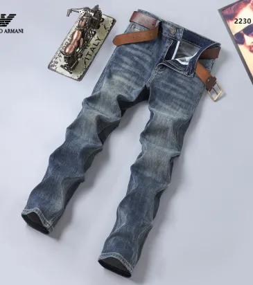 Armani Style Men's Dark Blue Denim Jeans, Eagle Logo Straight‑Leg Stretch Business Casual Pants #B67413