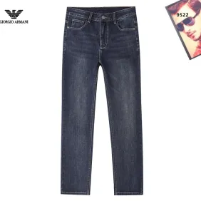 Armani Style Men's Dark Blue Washed Denim Jeans, Eagle Logo Straight‑Leg Stretch Business Casual Pants #B67408