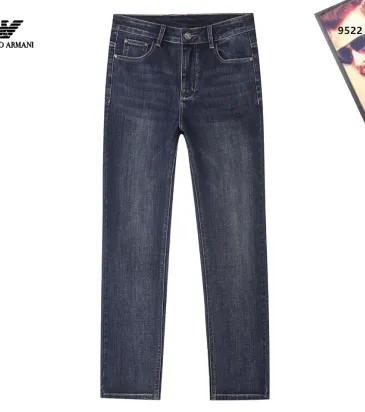 Armani Style Men's Dark Blue Washed Denim Jeans, Eagle Logo Straight‑Leg Stretch Business Casual Pants #B67408