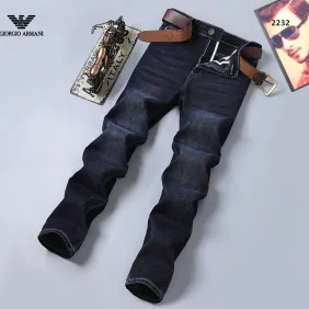 Armani Style Men's Dark Blue Washed Denim Jeans, Eagle Logo Straight‑Leg Stretch Business Casual Pants #B67412