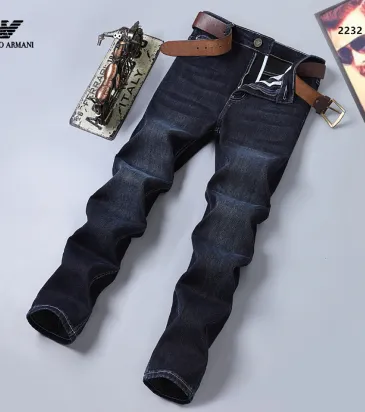 Armani Style Men's Dark Blue Washed Denim Jeans, Eagle Logo Straight‑Leg Stretch Business Casual Pants #B67412