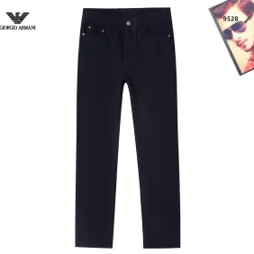 Armani Style Men's Dark Navy Denim Jeans, Embroidered Logo Pocket Straight Fit Stretch Business Casual Pants #B67404