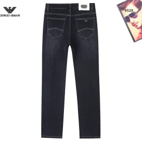 Armani Style Men's Raw Black Wash Denim Jeans, Eagle Logo Straight‑Leg Stretch Business Casual Pants #B67409