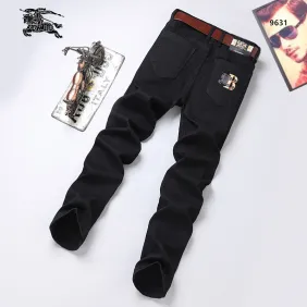Burberry Style Men's Black Denim Jeans, Embroidered Logo Pocket Slim Stretch Business Casual Long Pants #B67403