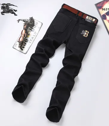 Burberry Style Men's Black Denim Jeans, Embroidered Logo Pocket Slim Stretch Business Casual Long Pants #B67403
