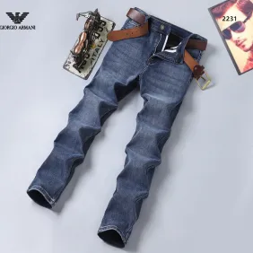 Armani Men’s Washed Blue Denim Jeans Classic Logo Embroidery Straight‑Leg Pants #B67415