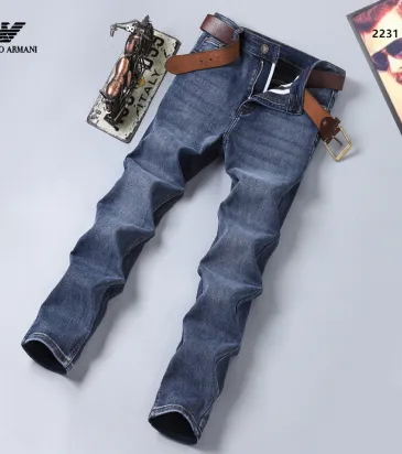 Armani Men’s Washed Blue Denim Jeans Classic Logo Embroidery Straight‑Leg Pants #B67415