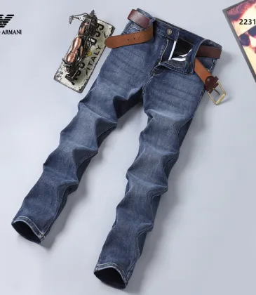 Armani Men’s Washed Blue Denim Jeans Classic Logo Embroidery Straight‑Leg Pants #B67415
