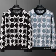 AMIRI Men Geometric Floral Jacquard Crew Neck Sweater | Black‑White &amp; Grey‑White #B67971