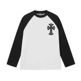 Chrome Hearts Cross Patch Raglan Long‑Sleeve Tee, Red‑White, Black‑White #B68058