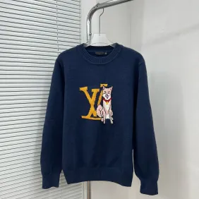 Brand L Dog Graphic LV Logo Crewneck Knit Sweater, Navy #B69198