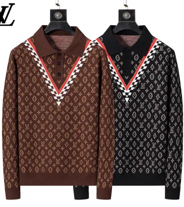 Brand L Men Monogram Jacquard Polo Knit Sweater Brown, Black #B69140