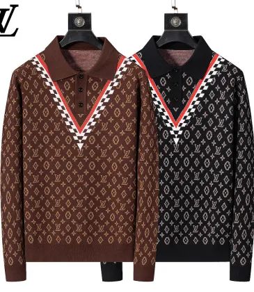 Brand L Men Monogram Jacquard Polo Knit Sweater Brown, Black #B69140