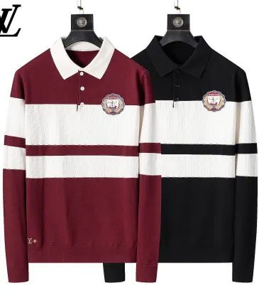 Brand L Men Striped Polo Knit Sweater Burgundy, Black #B69145